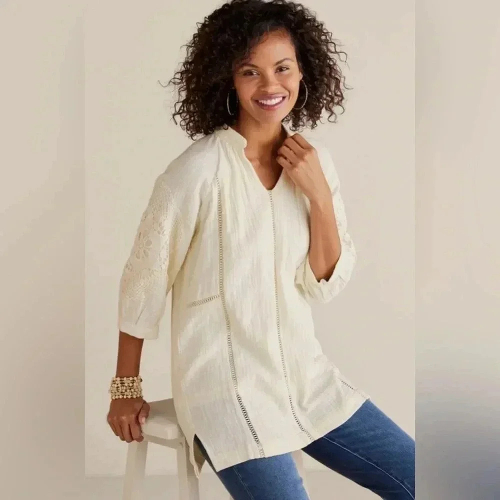 Soft Surroundings Cream Cotton Gauze Crochet Lace Tunic Top NWT Medium